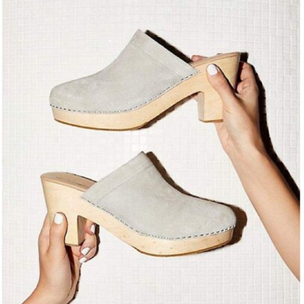 Free People Highland Park Clog Mule Gray Suede Wooden Heel